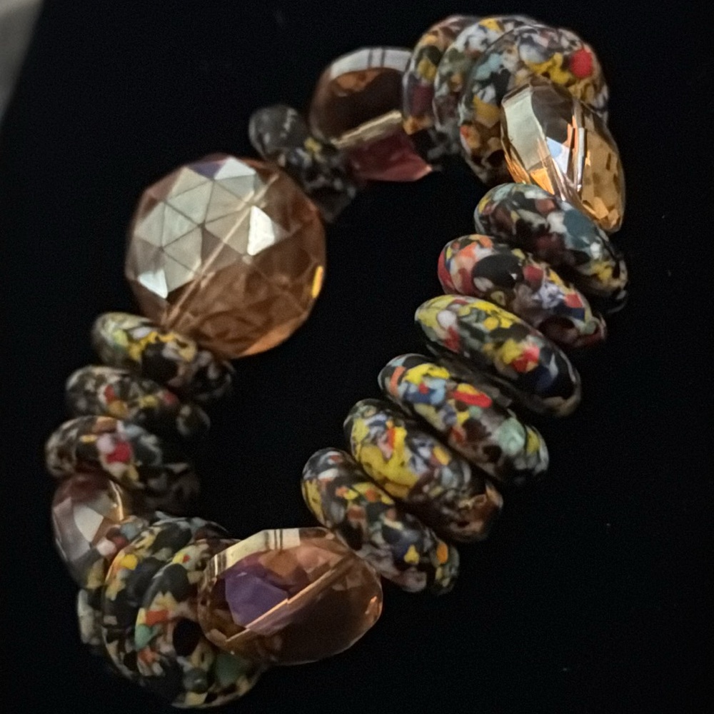 Artistic bracelet large crystal ball faceted with mosaic beads STRECH